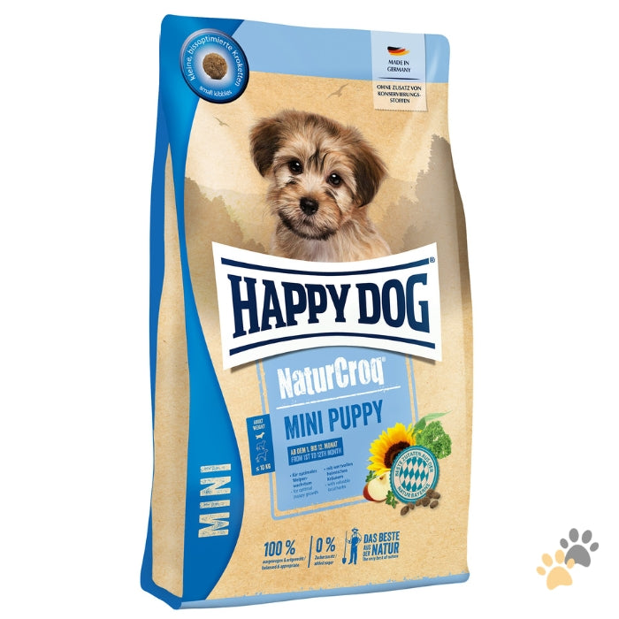Happy Dog NaturCroq Mini Puppy dog food package on a white background