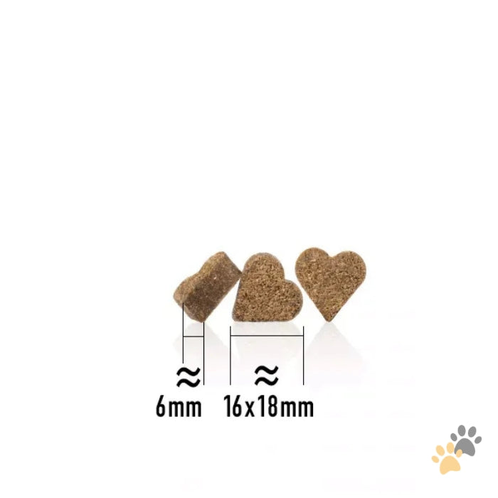 Heart-shaped dog food with measurements on a white background