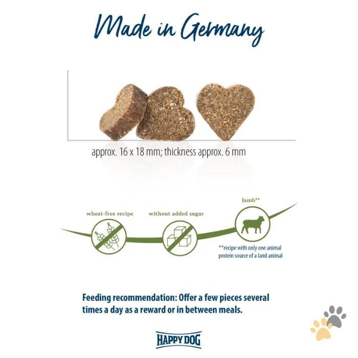 Dog treat packaging with text about product details and feeding recommendation, featuring the brand 'Happy Dog'.