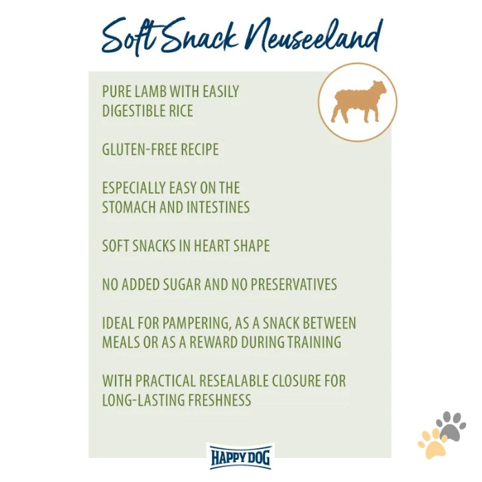 Product description card for Soft Snack Neuseeland with a list of features on a white background.