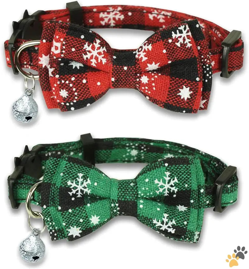 Plaid Cat Collar Christmas Cat - Vintage Snowflakes(red + green） - 2 Pack Christmas Cat Collar with Movable Bowtie