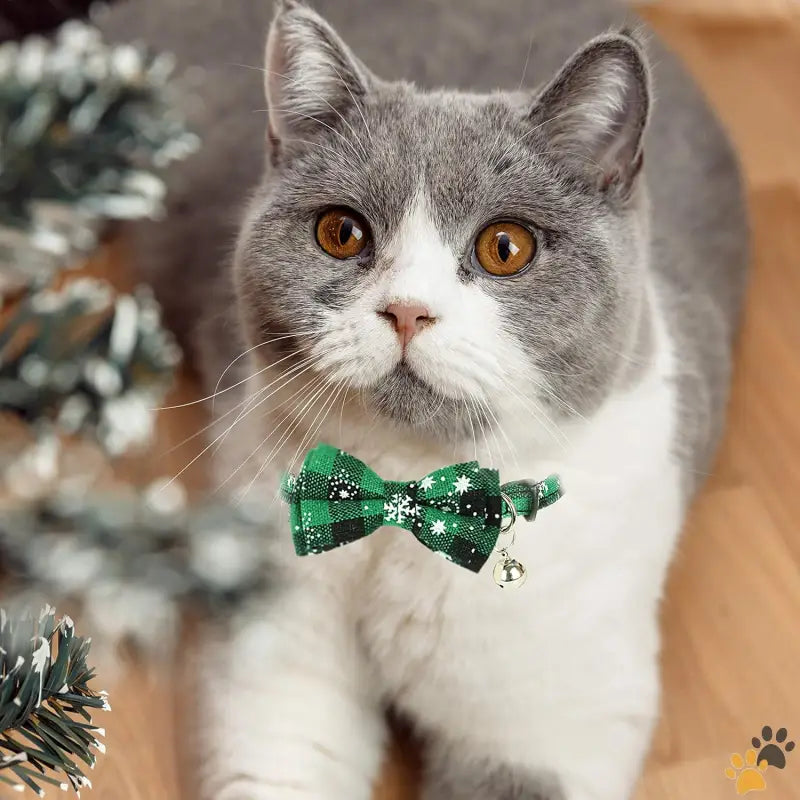 Plaid Cat Collar Christmas Cat - Vintage Snowflakes(red + green） - 2 Pack Christmas Cat Collar with Movable Bowtie