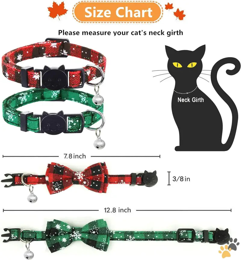 Plaid Cat Collar Christmas Cat - Vintage Snowflakes(red + green） - 2 Pack Christmas Cat Collar with Movable Bowtie