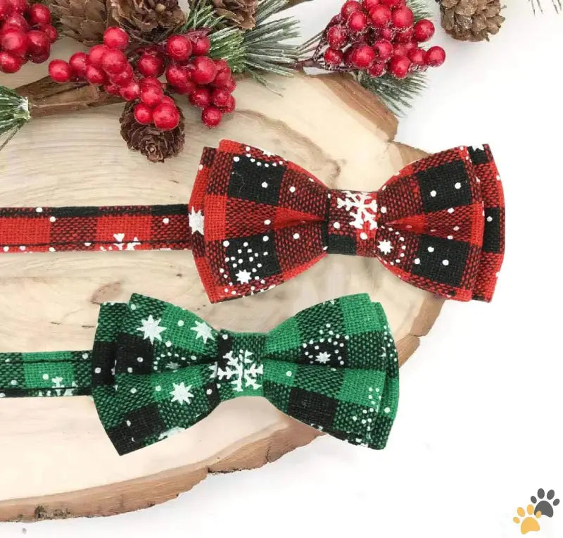 Plaid Cat Collar Christmas Cat - Vintage Snowflakes(red + green） - 2 Pack Christmas Cat Collar with Movable Bowtie