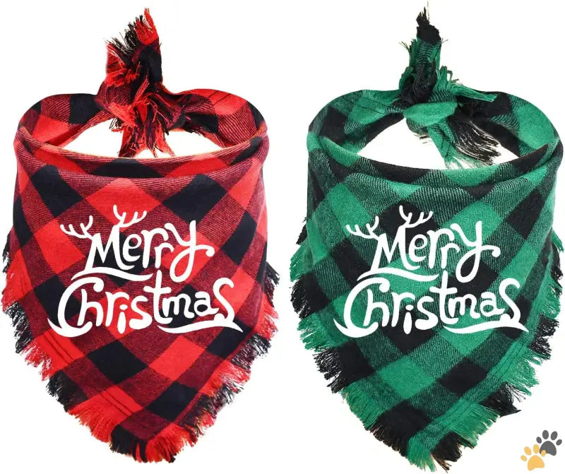 Christmas Plaid Pet Apparel - Green + Red / Large - 2 Pack Dog Bandana Christmas Classic Buffalo Plaid Pattern