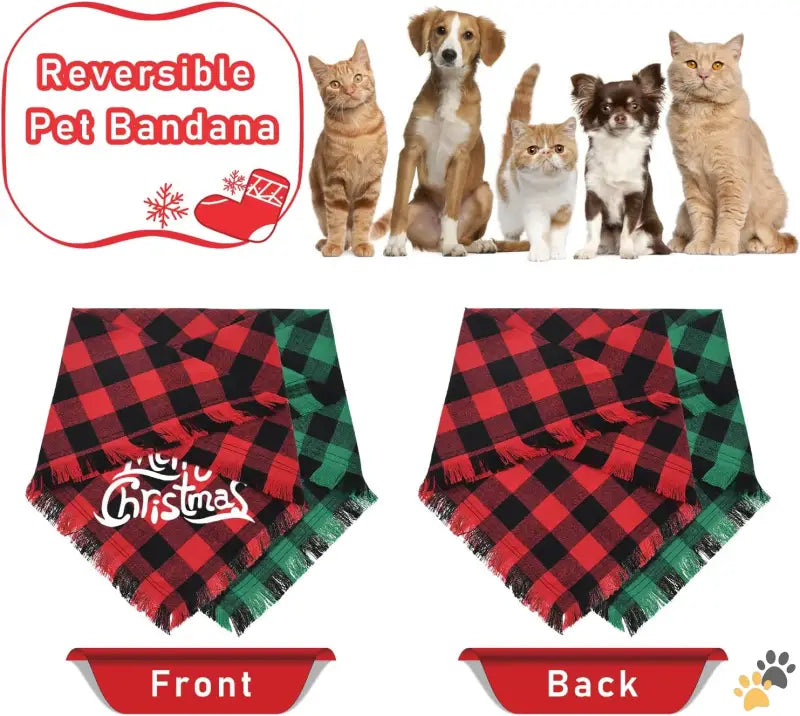 Christmas Plaid Pet Apparel - Green + Red / Large - 2 Pack Dog Bandana Christmas Classic Buffalo Plaid Pattern