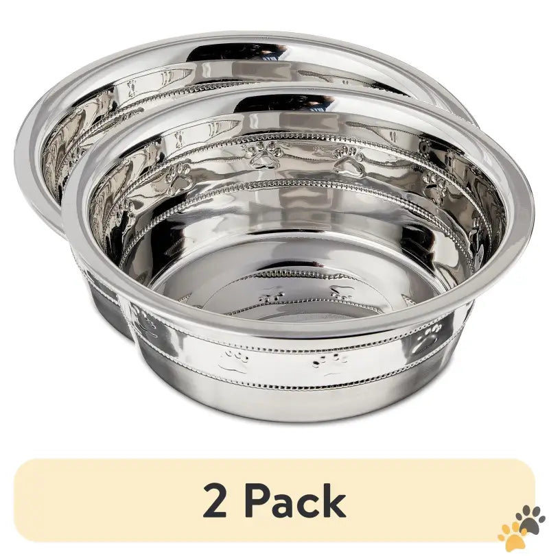 Vibrant Life Stainless Steel Paw Bowl - m / 2 - (2 Pack) Stainless Steel Paw & Beads Imprint Dog Bowl Medium.