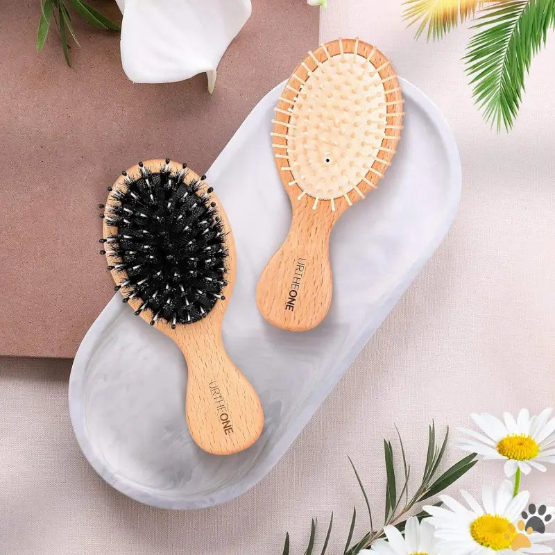 Mini Boar Bristle Hair Brush Set - White Black - 2pcs Hair Brush Mini Boar Bristle Hairbrush and Detangling Brush