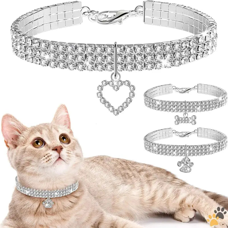 Bling Rhinestones Pet Collars - White - 3 Pieces Bling Rhinestones Pet Collars Glitter Pendant Dog Collars Adjustable