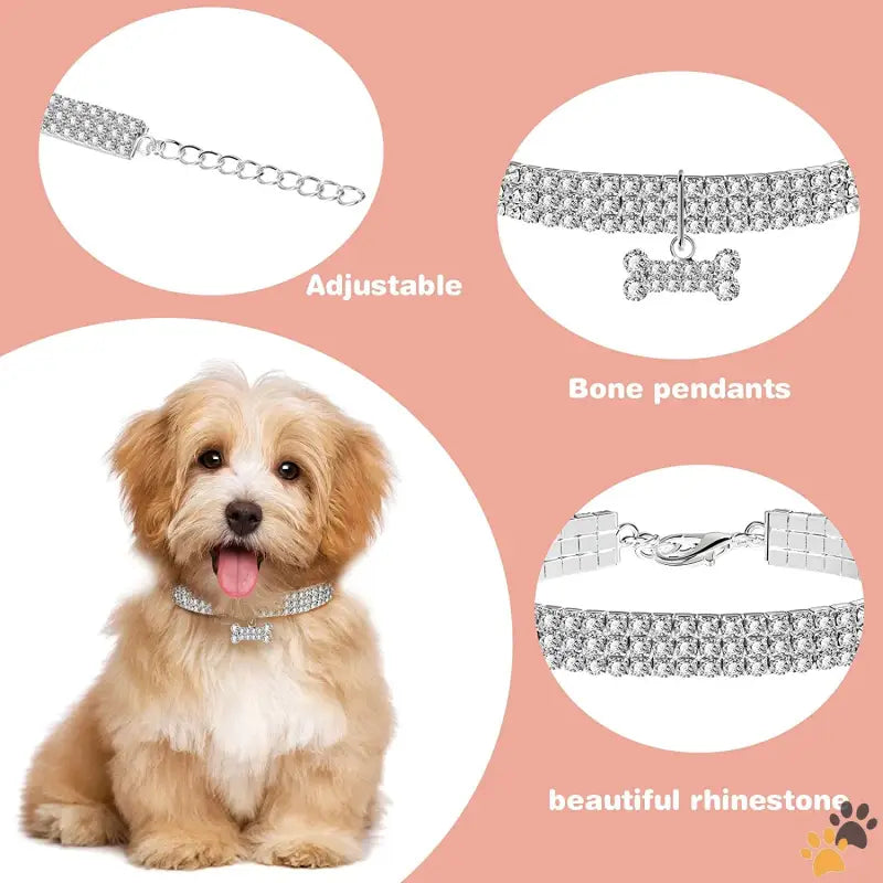 Bling Rhinestones Pet Collars - White - 3 Pieces Bling Rhinestones Pet Collars Glitter Pendant Dog Collars Adjustable