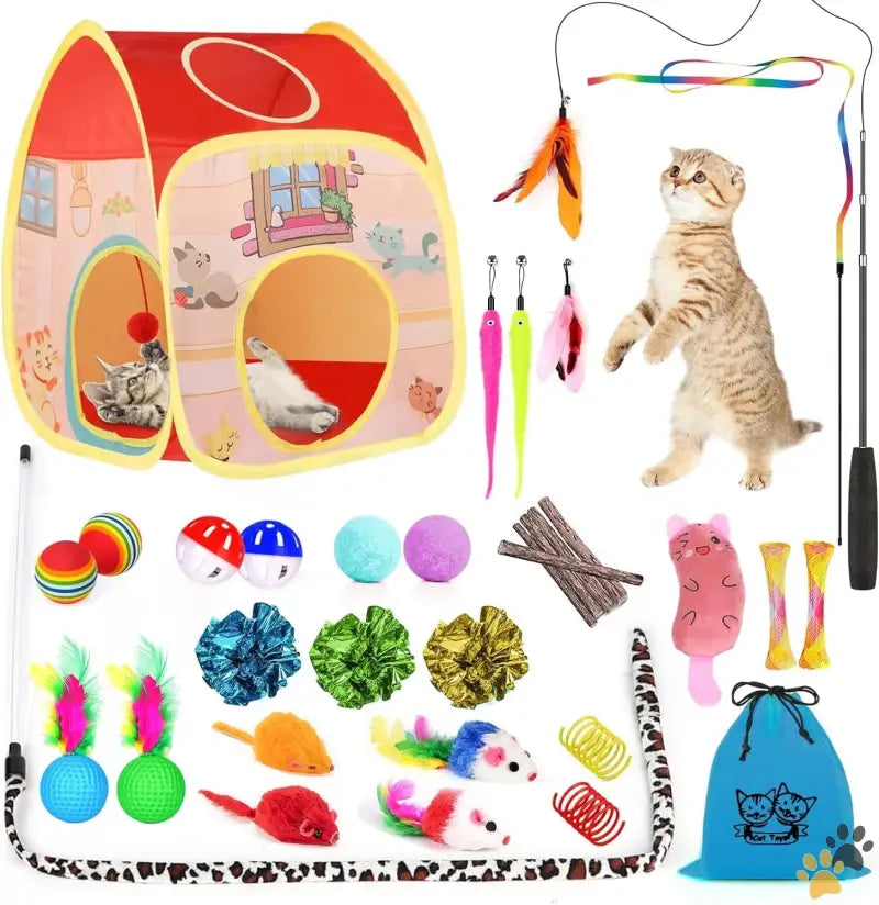 Cat Toys Set Cat Tunnel Fun - 34pcs Cat Toys Kitten Toys Interactive Kitty Toys with Collapsible Cat Tunnels Tent Cat