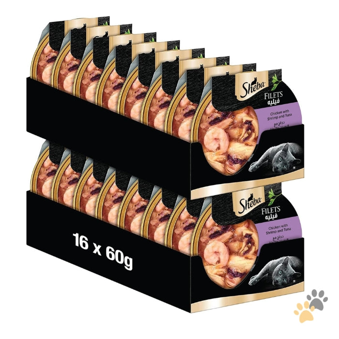 SHEBA CHICKEN WITH SHRIMP & TUNA FILETS ADULT CAT FOOD BOX