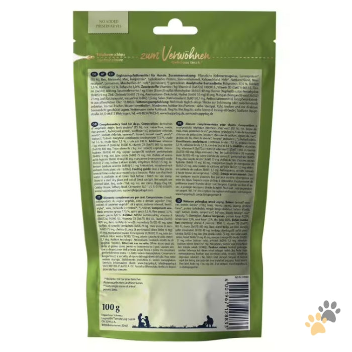 Green pet food packaging with text and a barcode on a white background