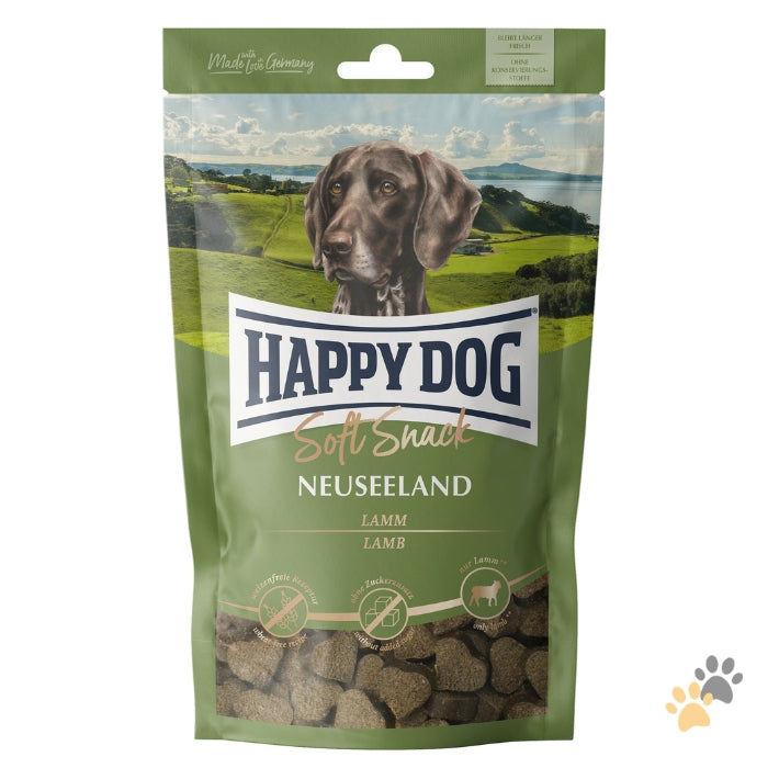 Happy Dog soft snack package with a dog on the label against a scenic background