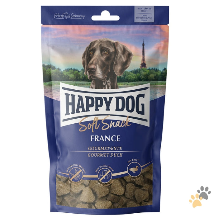 Happy Dog soft snack package with a dog on the packaging