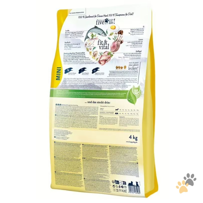 Dog food package with nutritional information on a white background