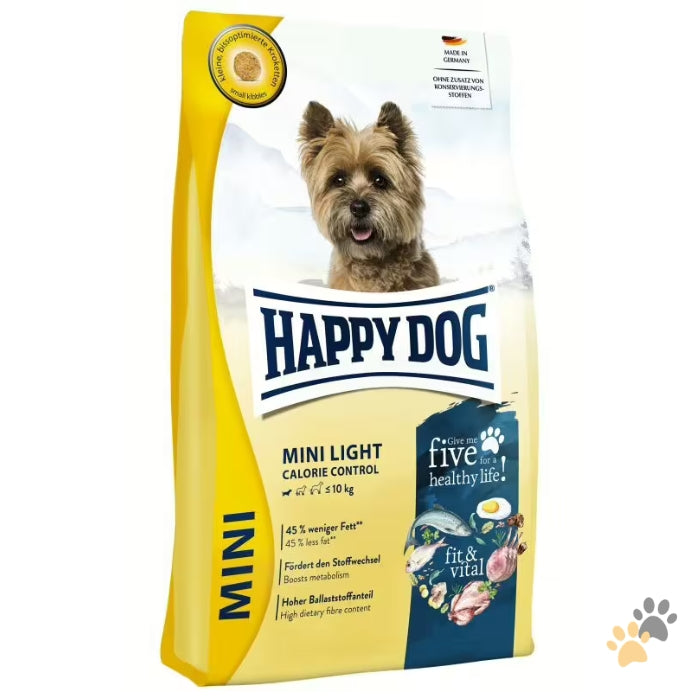 Happy Dog Mini Light Calorie Control dog food package on a white background
