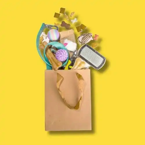 Brown paper shopping bag overflowing with colorful beauty and cosmetic products.