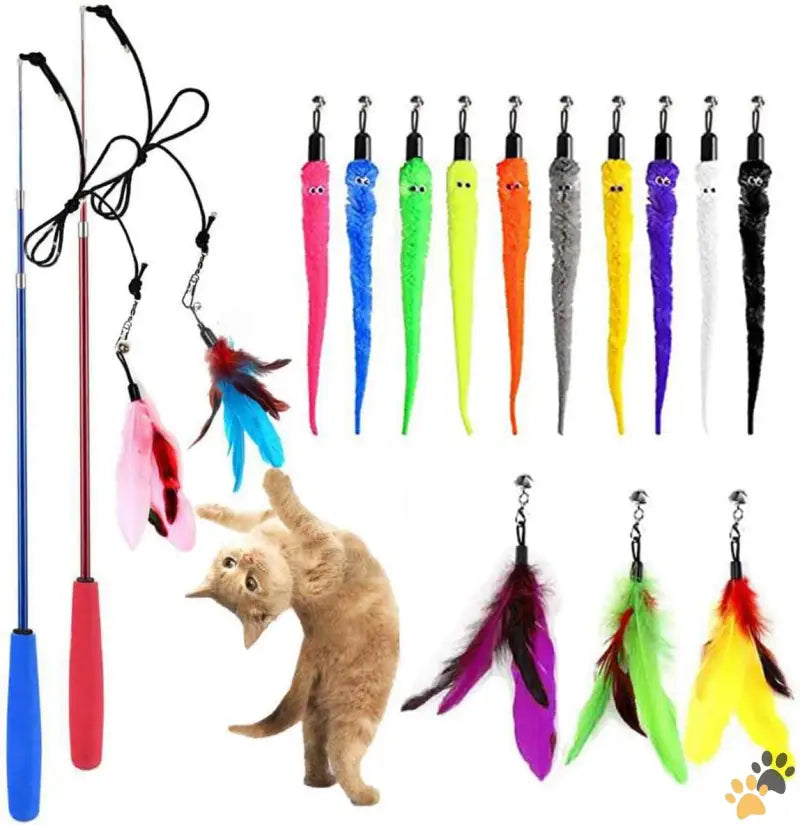 Retractable Cat Wand Toy with Refills - Colora - Cat Toy Wand Retractable Cat Feather Toys and Replacement Refills