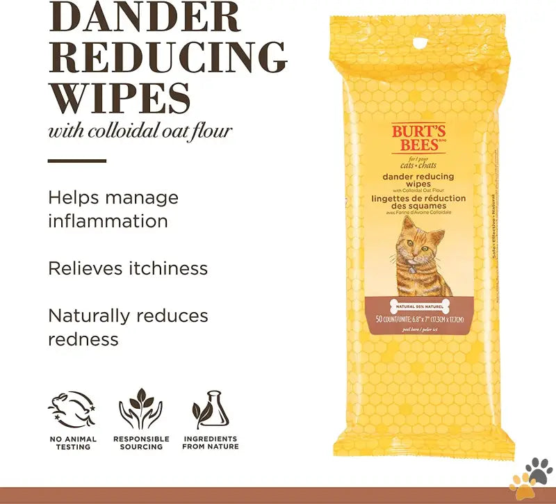 Burt’s Bees Cat Grooming Wipes - Dander Wipes / 50 Count (pack of 1) - Cat Wipe - Naturally Derived Dander Reducing