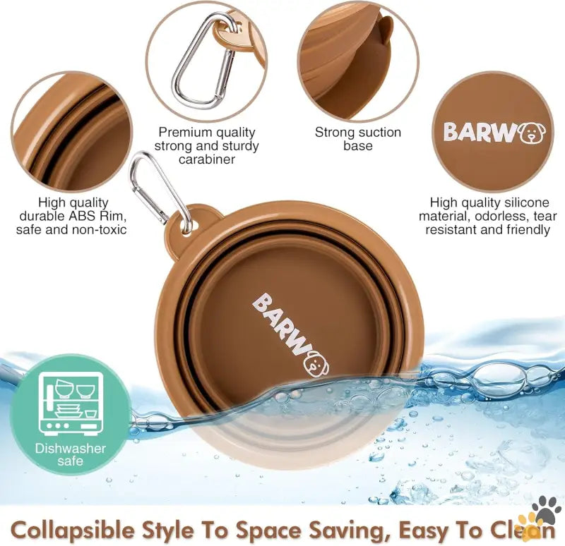 Barwo Collapsible Dog Bowl - Desert Brown / Small - Collapsible Dog Bowl with Non Skid Suction Base -100% Pure Silicone