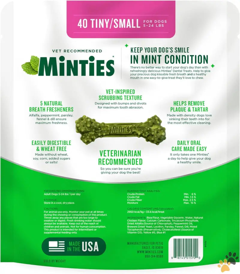 Vet Recommended Minties Dog Dental Chews - Small Mint / 16 Ounces - Dental Chews for Dogs 40 Count Vet-recommended