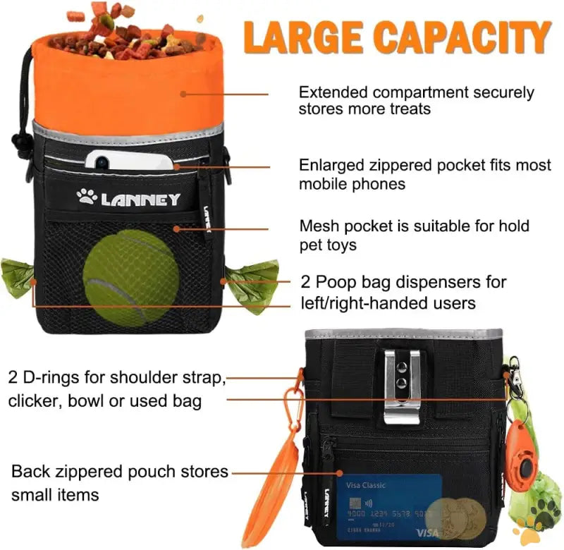 Durable Dog Treat Pouch - Pouch(black with Orange) + clicker - Dog Treat Pouch Pet Training Bag for Small to Large Dogs.