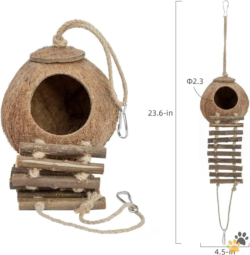 Natural Coconut Bird Toy - Natural Surface / House with Ladder - Natural Coconut Hideaway with Ladder Bird and Small