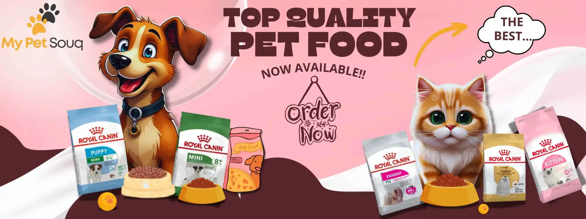 Pet food advertisement banner featuring cartoon dog and cat characters alongside product packages.