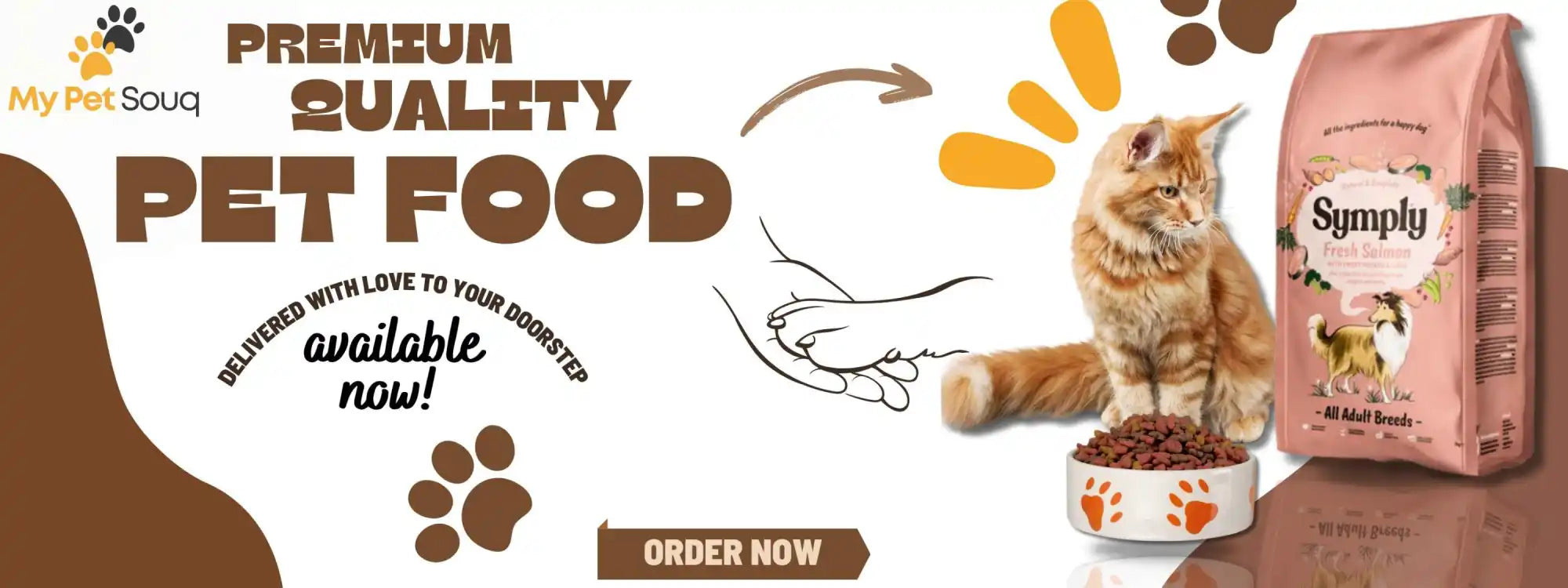 Pet food advertisement banner featuring a cat food bag and paw print designs.