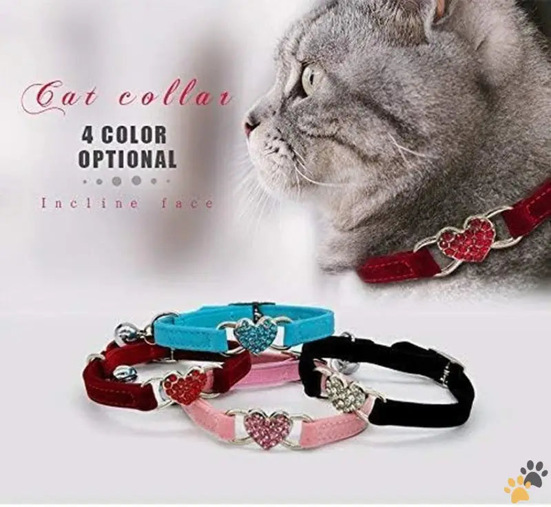 Soft Velvet Pet Collar with Bell - Black + red + pink + blue - Pink Soft Velvet Safe Cat Adjustable Collar with Crystal