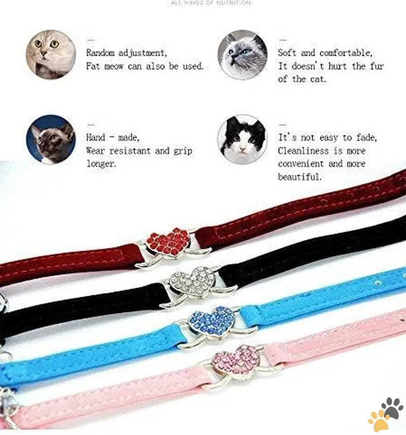 Soft Velvet Pet Collar with Bell - Black + red + pink + blue - Pink Soft Velvet Safe Cat Adjustable Collar with Crystal