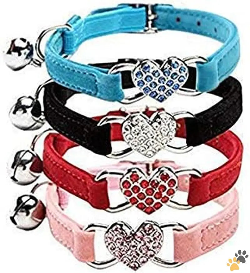 Soft Velvet Pet Collar with Bell - Black + red + pink + blue - Pink Soft Velvet Safe Cat Adjustable Collar with Crystal