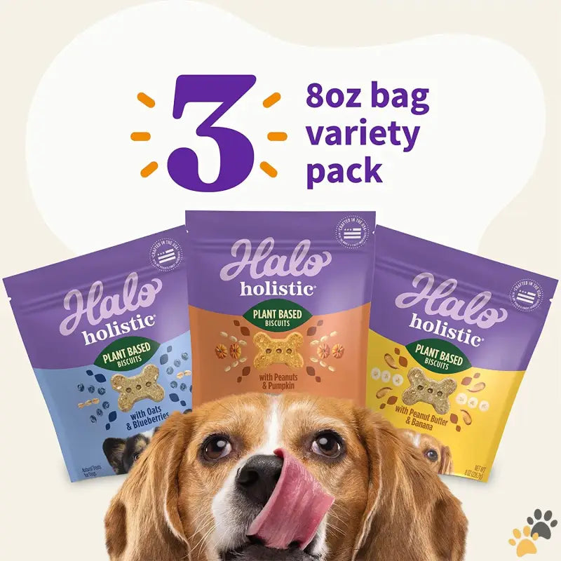 Halo Vegan Dog Treats - Variety Pack / 8 Ounce (pack of 3) - Plant-based Dog Treats Variety Pack Oats & Blueberries