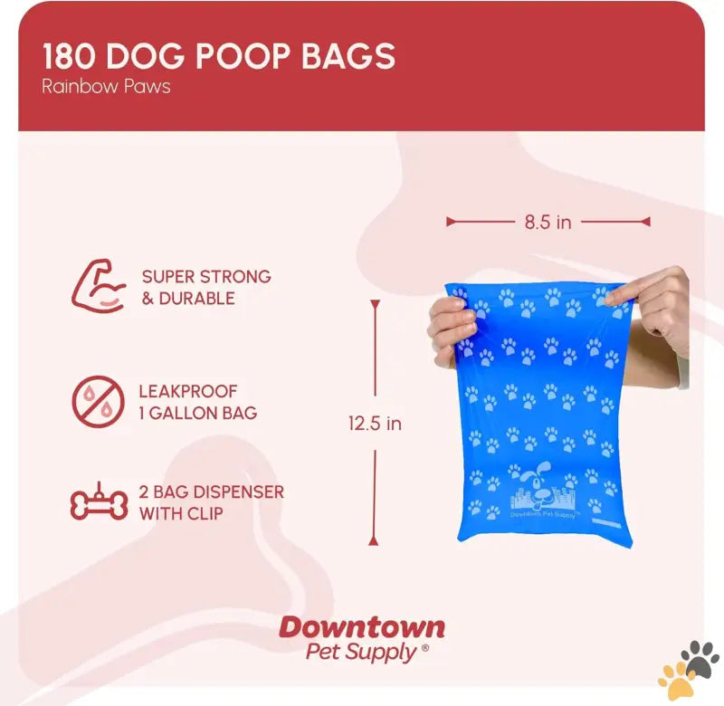 Large Dog Poop Bags Leakproof - Rainbow with Paw Prints / 180 Count (pack of 1) - Poop Bags for Dogs with Dispenser 180