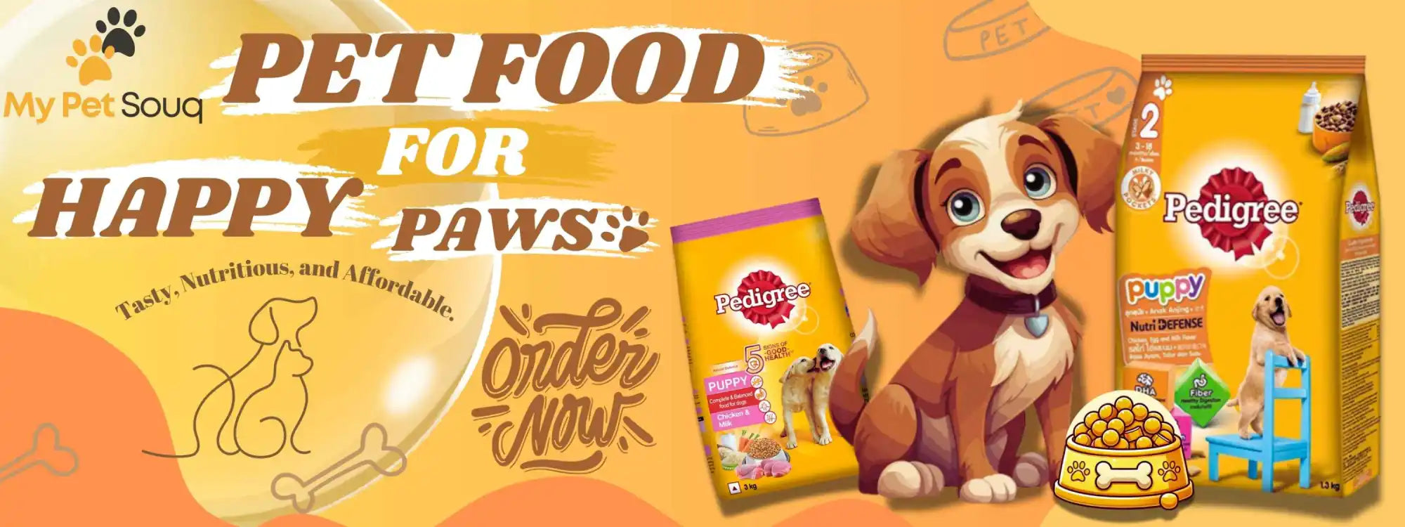 A promotional banner for pet food featuring an illustrated puppy and Pedigree dog food products.