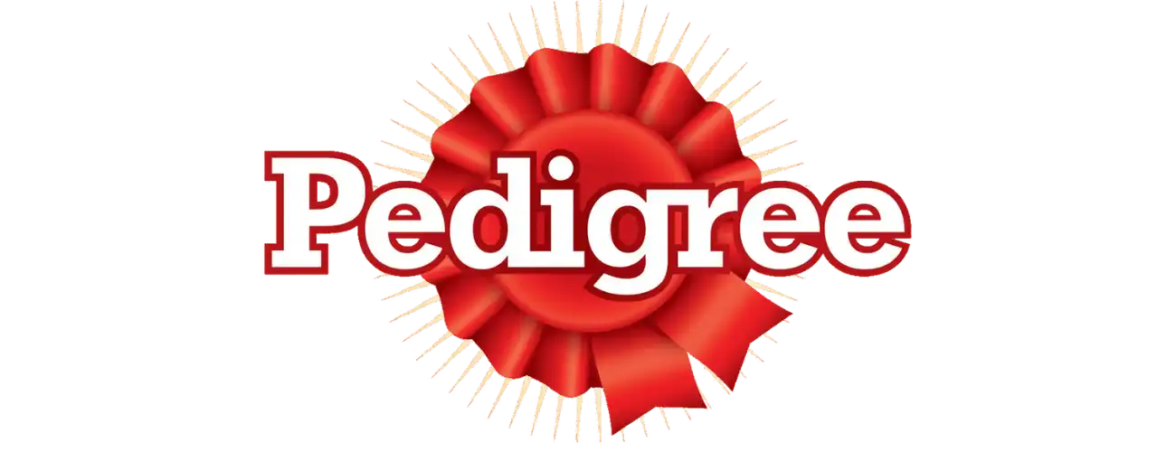 Red ribbon-like rosette with the Pedigree brand name in white text.