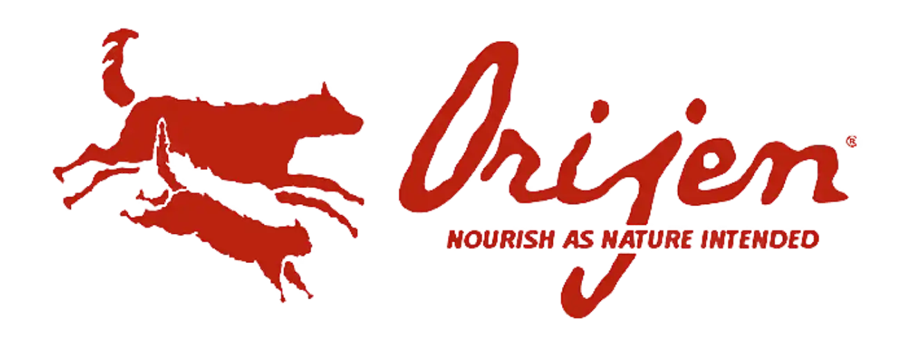 Red silhouette of a running dog alongside the Orijen pet food brand logo.