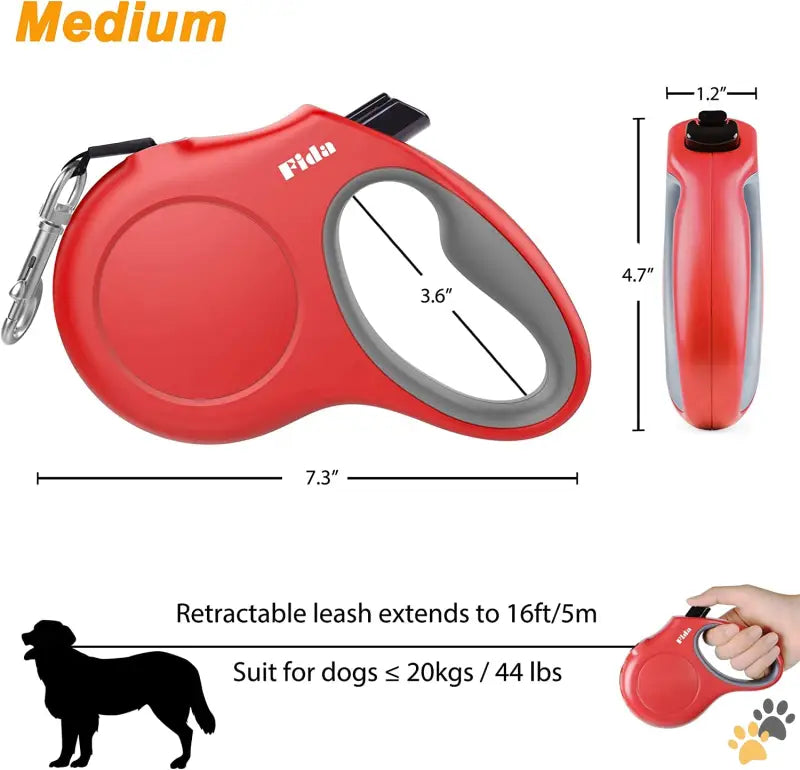 Retractable Dog Leash for Medium Dogs - Red / Medium, 16ft - Retractable Dog Leash with Dispenser and Poop Bags 16 Ft