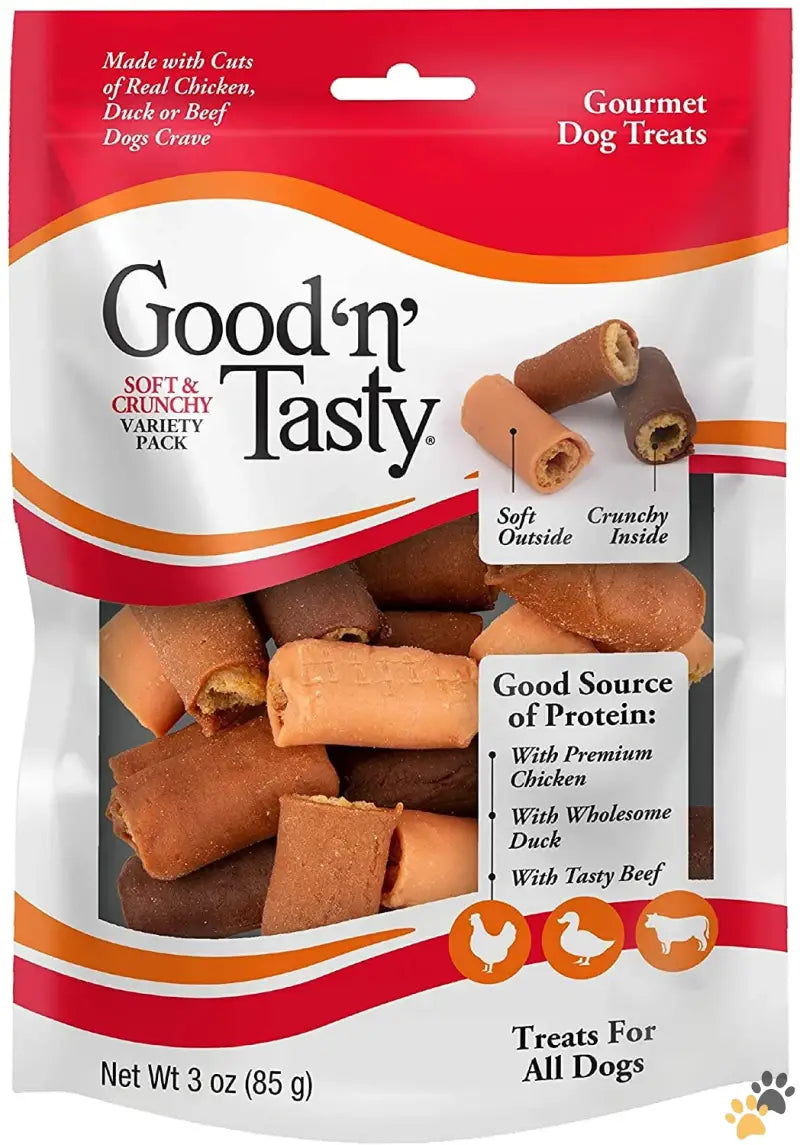 Good n Tasty Dog Chews - Soft and Crunchy Rolls Gourmet Treats for All Dogs with Real Chicken Duck & Beef 3 Oz.