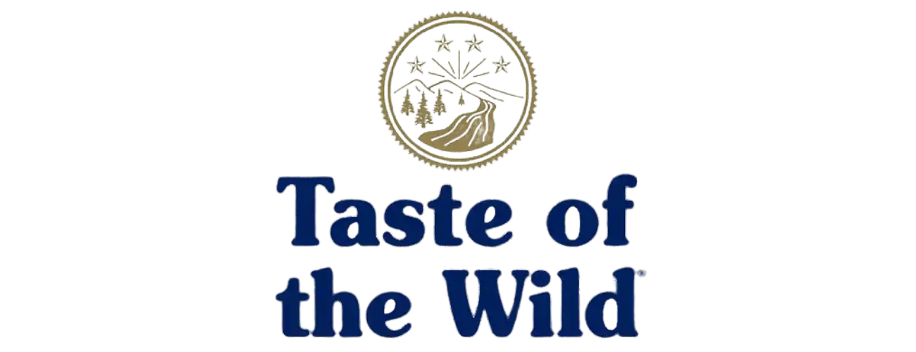 Taste of the Wild logo featuring navy blue text and a circular emblem with mountains and paw prints.