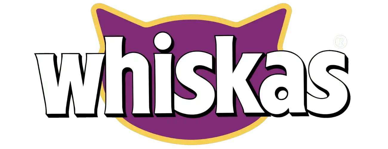 White Whiskas logo text on a purple cat head-shaped background with yellow outline.