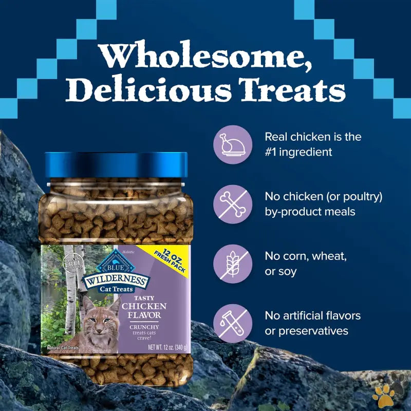 Blue Wilderness Crunchy Dry Cat Treats - Wilderness Crunchy Dry Cat Treats Natural & Grain-free Chicken 12-oz. Tub.